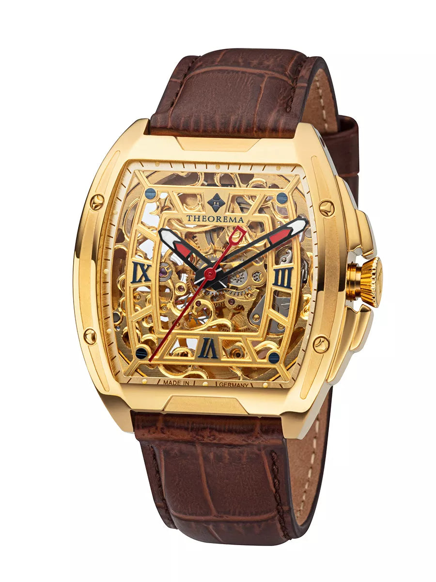 Red and white skeleton hands. Gold color skeleton dial. 4 screws on top of the case.