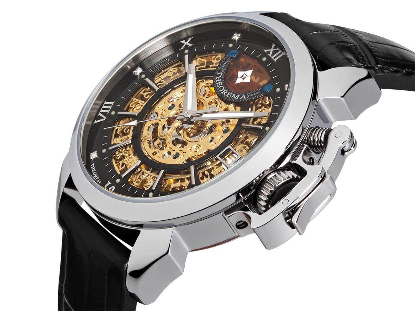 Skeletonized dial with Roman numerals and diamonds as markers for the hour.