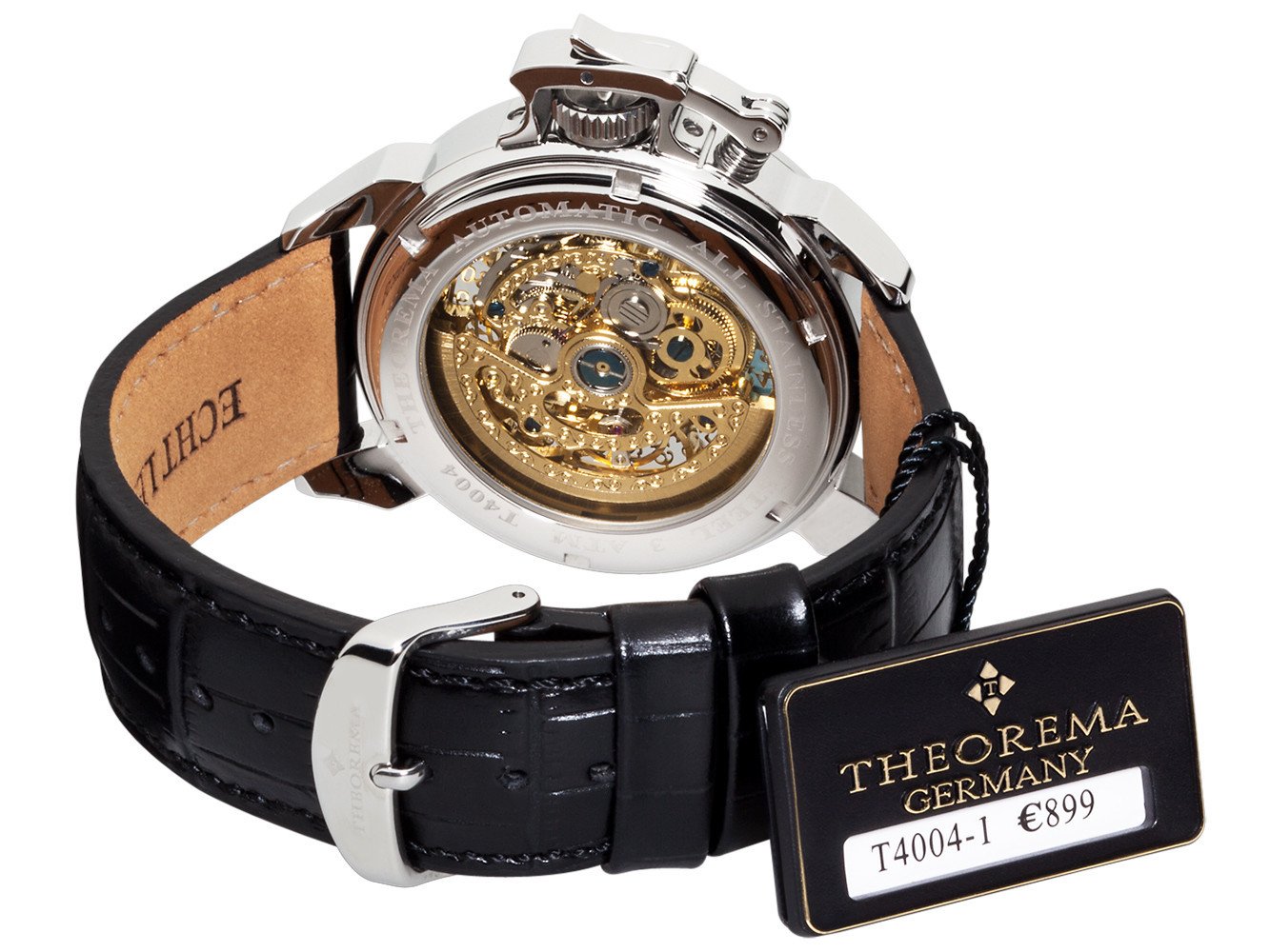 Open back case with gold color mechanism with visible gears and standard buckle for the band.