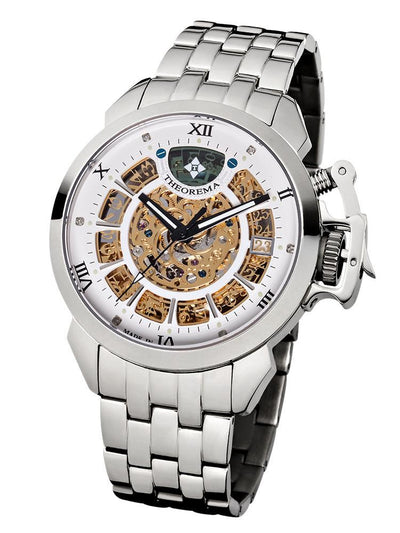 6 diamonds markers with Roman numerals in a sunny skeletonized golden dial.
