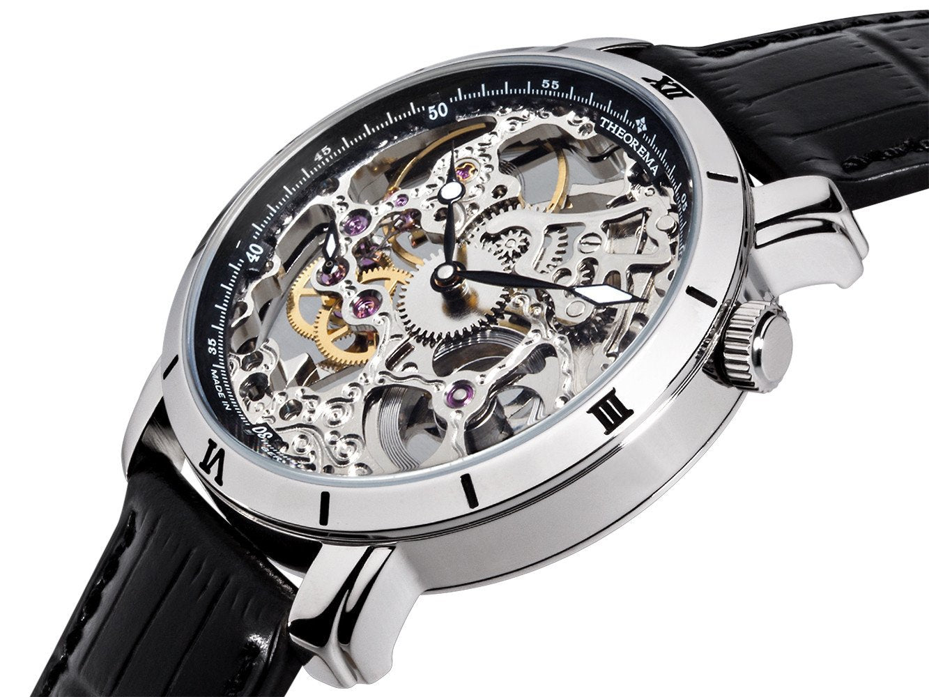 See-through skeletonized dial with silver case and black leather band.
