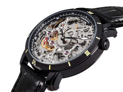 See-through skeletonized dial with black case and black leather band.