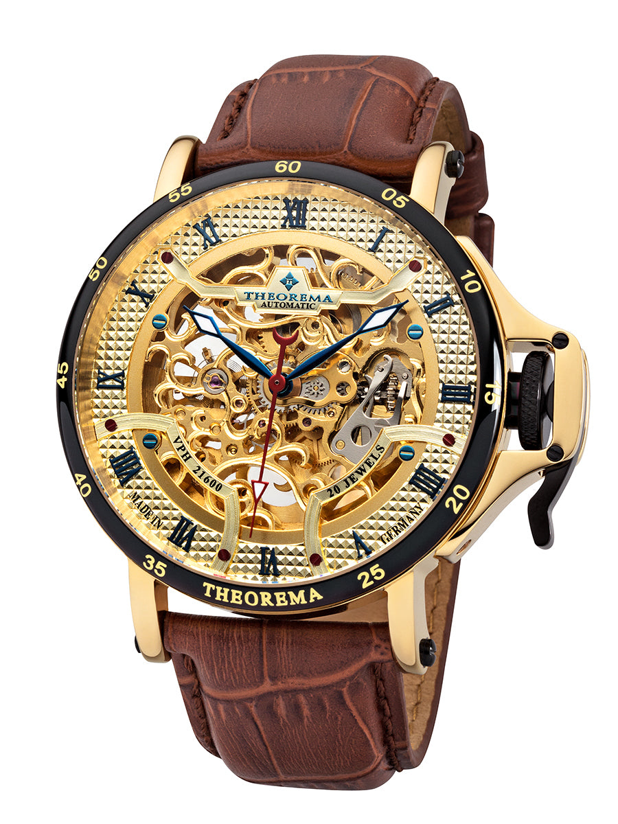 Gold color skeletonized dial with gold bezel and roman numerals