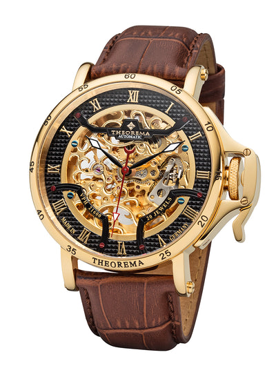 Gold color skeletonized dial with black bezel and roman numerals