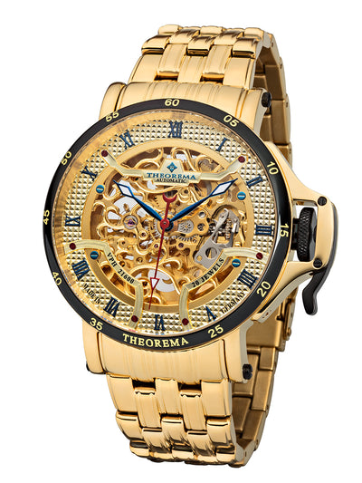 Gold color skeletonized dial with gold bezel and roman numerals