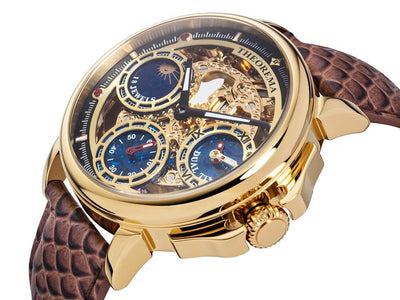 Brown leather, gold case, see through movement with gold crown.