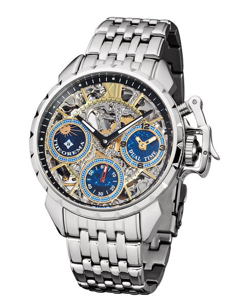 Oman Theorema mechanical watch GM-108-8. Three sub-dials for seconds, dual-time, and sun-moon phase.