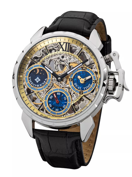 Oman Theorema mechanical watch GM-108-1. Three sub-dials for seconds, dual-time, and sun-moon phase.
