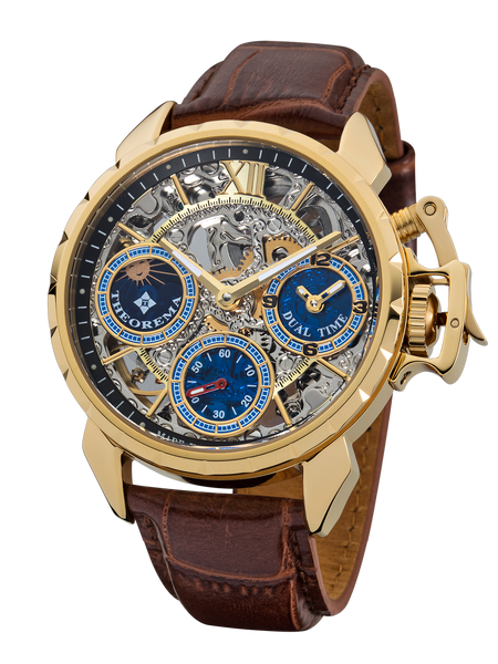 Oman Theorema mechanical watch GM-108-3. Three sub-dials for seconds, dual-time, and sun-moon phase.