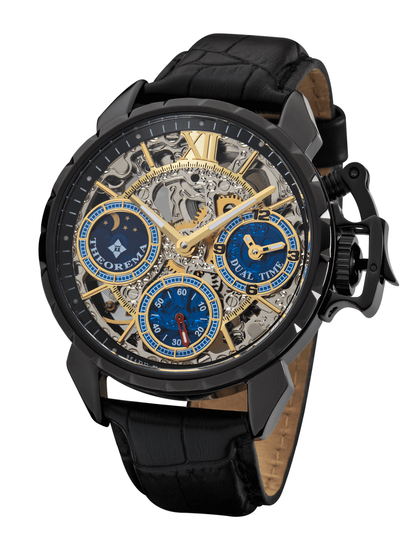 Oman Theorema mechanical watch GM-108-4. Three sub-dials for seconds, dual-time, and sun-moon phase.