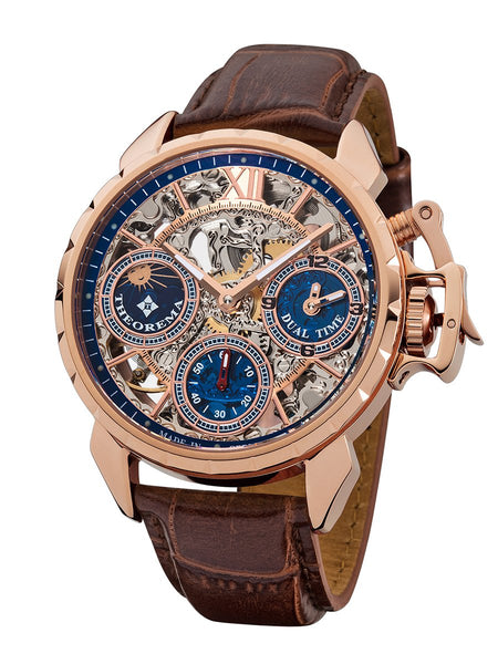 Oman Theorema mechanical watch GM-108-6. Three sub-dials for seconds, dual-time, and sun-moon phase.