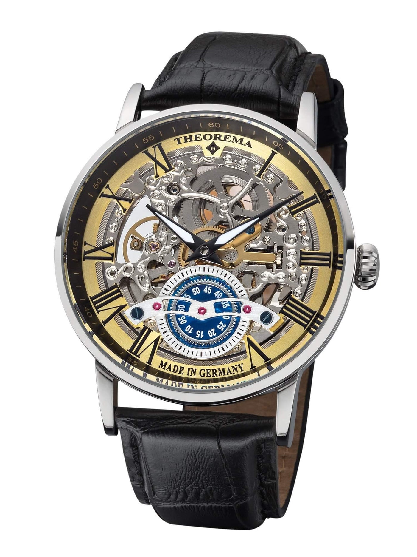Skeletonized see-through silver dial with Roman numerals with black leather band.