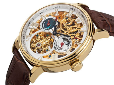Gold skeleton see through dial with white bezel and Roman numerals.
