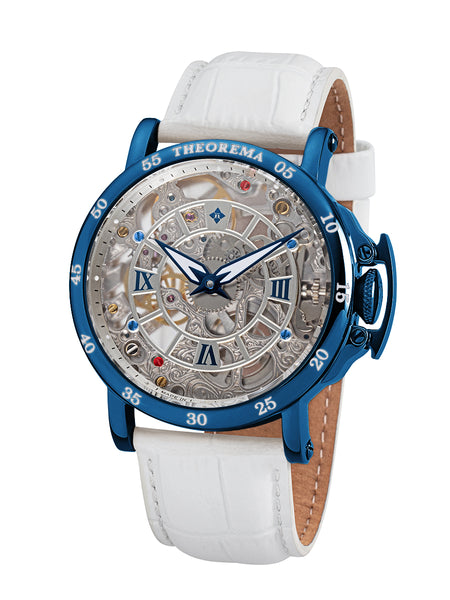 Silver dial with arabic numbers on the blue case and white leather band.