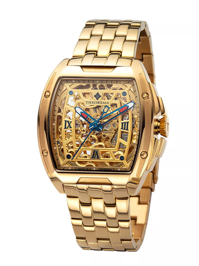 All gold color. Gold bracelet with gold case and gold dial with two-color hands.