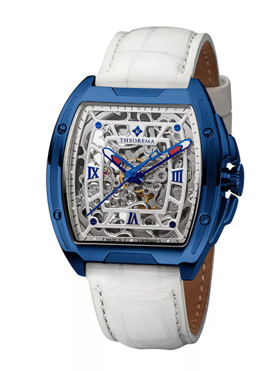 Blue case with white leather and silver skeletonized dial with two-color hands.