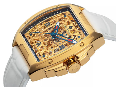 White and blue skeleton hands with yellow skeleton dial and roman numerals watch.