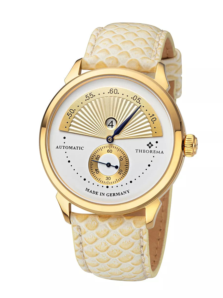 White and gold dial with gold case and white leather band