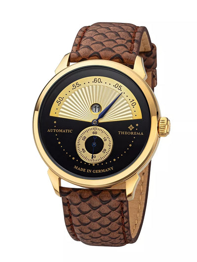 Black and gold dial with gold case and brown leather band