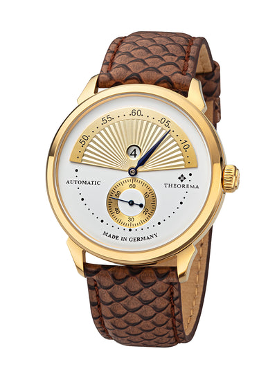 White and gold dial with gold case and brown leather band