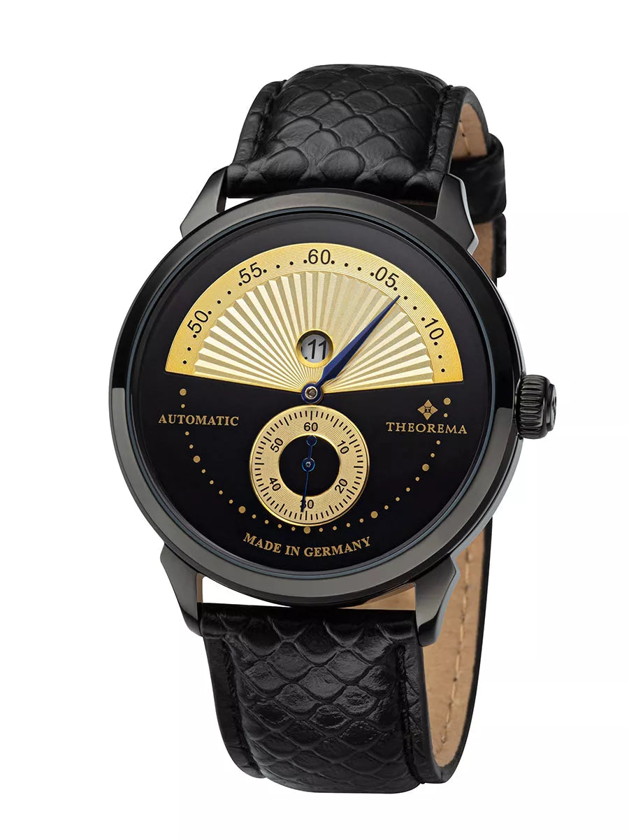Black and gold dial with gold case and black leather band
