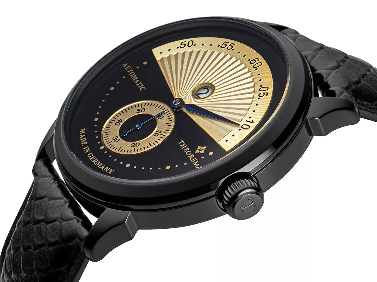 Roman numerals watch with black case and black crown button.