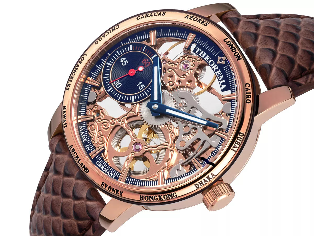 Rose skeletonized dial with a blue sub-dial on the left side.