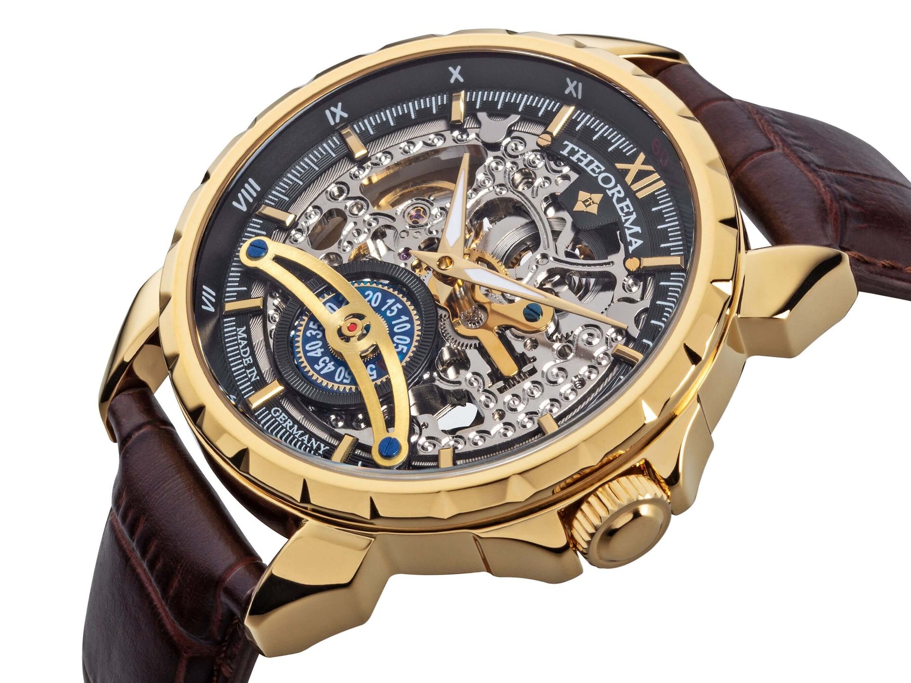 See through skeleton dial with gold color markers for the hour.