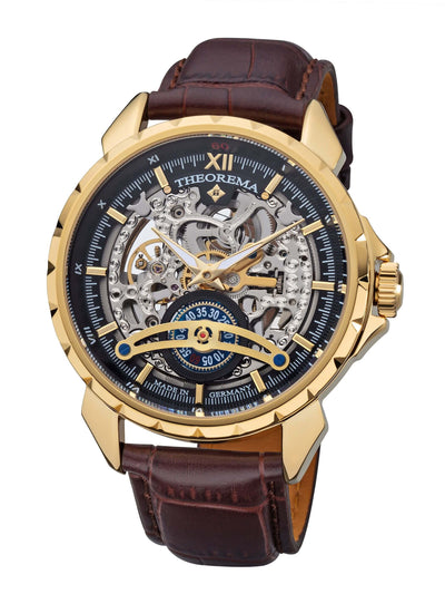 Gold case, brown leather band, with gold crown and skeletonized dial.