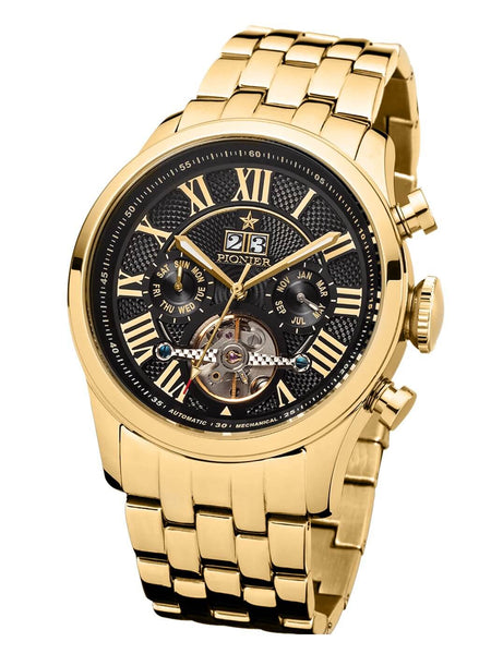 Gold wristwatch with a detailed face showing a calendar function on a white background