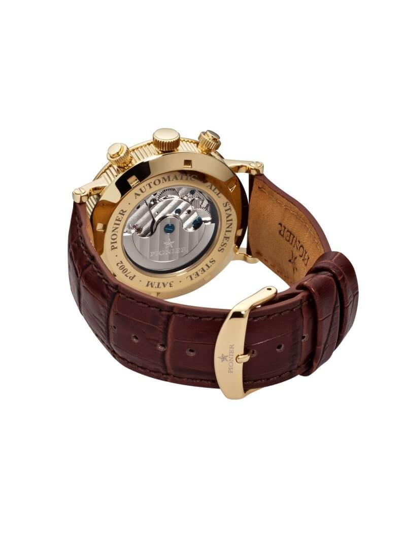 Open back case with silver color movement and standard buckle for the brown leather band.