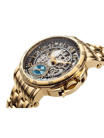 Mechanical watch with skeleton dial with gold case and gold crown