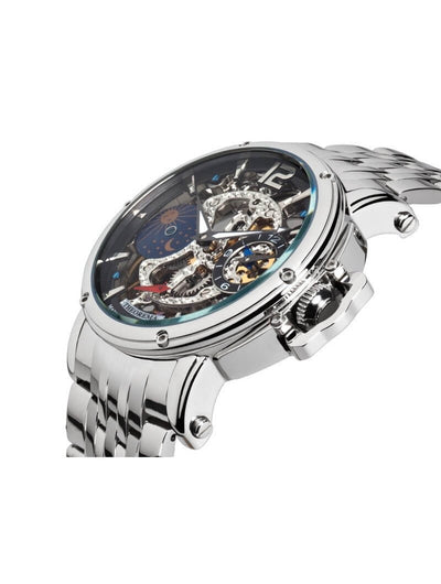 Open back case with see through skeleton movement and deployment buckle.