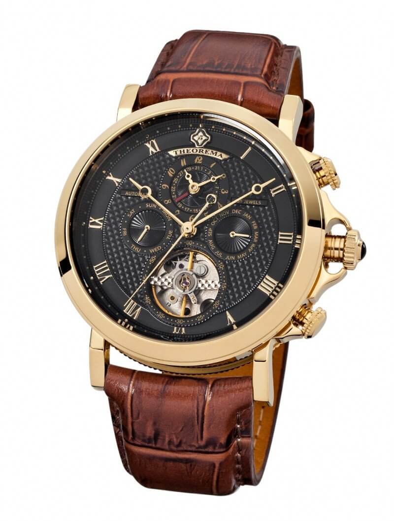 Automatic Macau T3011-3 black dial with gold case and brown leather band.