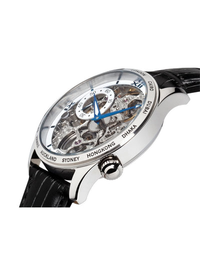 Silver case with silver crown button with genuine black leather band.